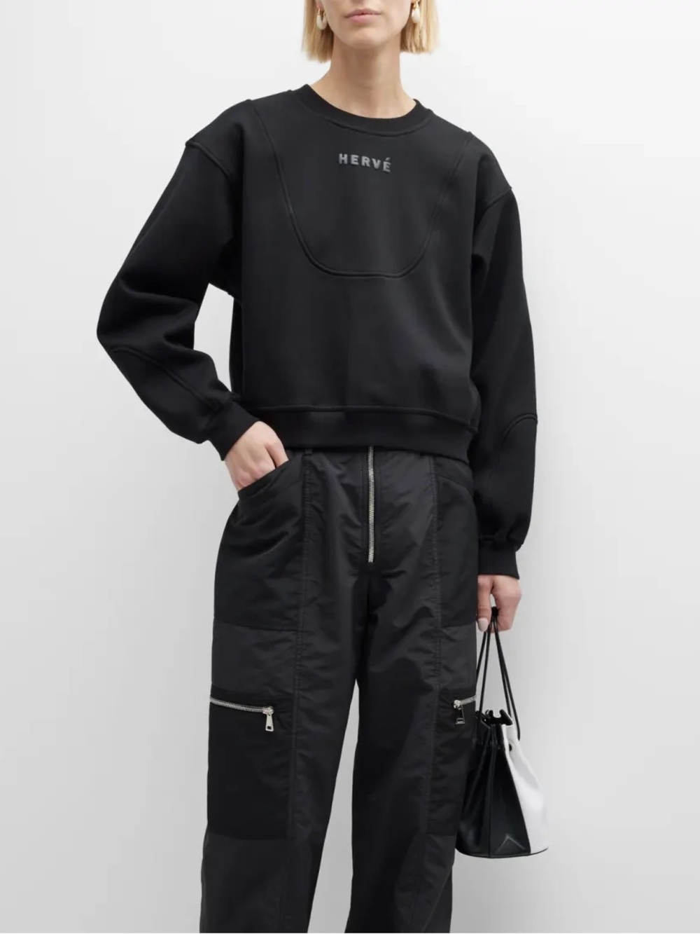 Herve Leger Bonded Seamed Sweatshirt Black Embroidered Crew Neck Pullover